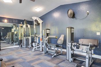 A gym with a variety of equipment including a leg press machine, a chest press machine, and a squat rack